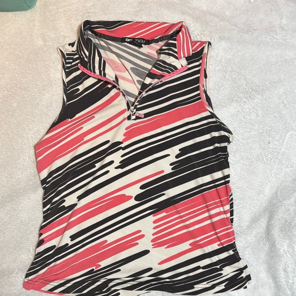 DKNY Asymmetrical Pink and Black Sleeveless Polo Tank Top